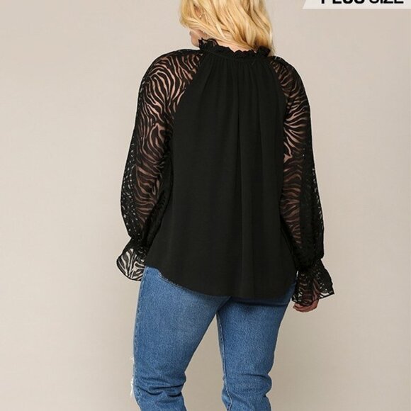 Zebra Burnout Sleeve Ruffled Neck Bubble Crepe Blouse - Picture 5 of 5